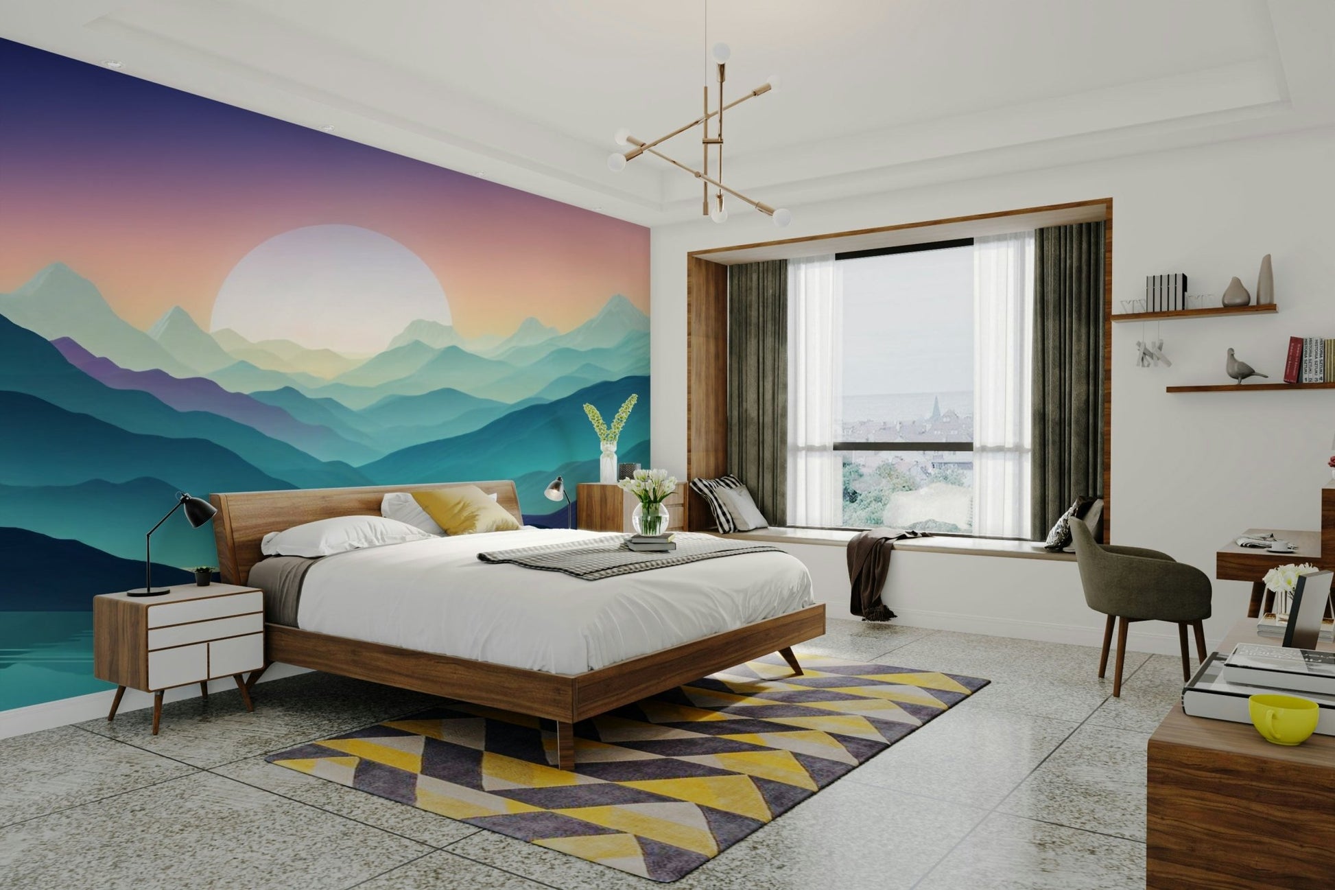 A wall mural of a mountain range with a color gradient.

