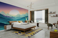 A wall mural of a mountain range with a color gradient.

