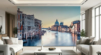 Entryway mural with canal view, modern home styling focus wall