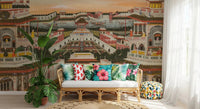 Heritage palace garden wall mural in warm sunset-inspired tones