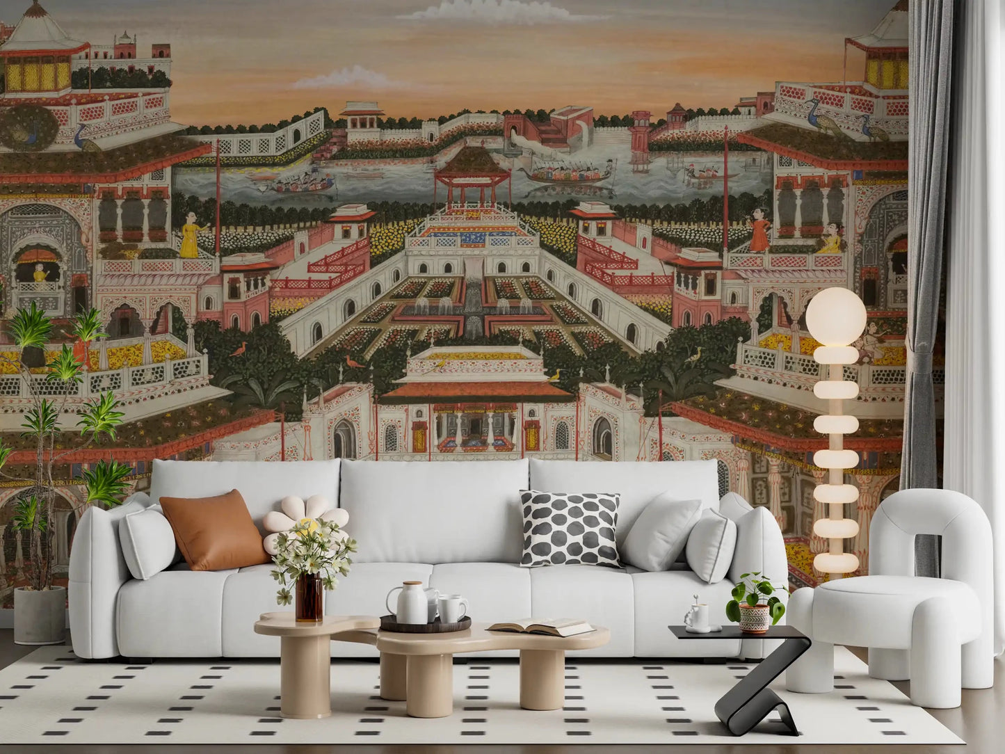 Grand Indian Palace mural with courtyards, balconies, and river