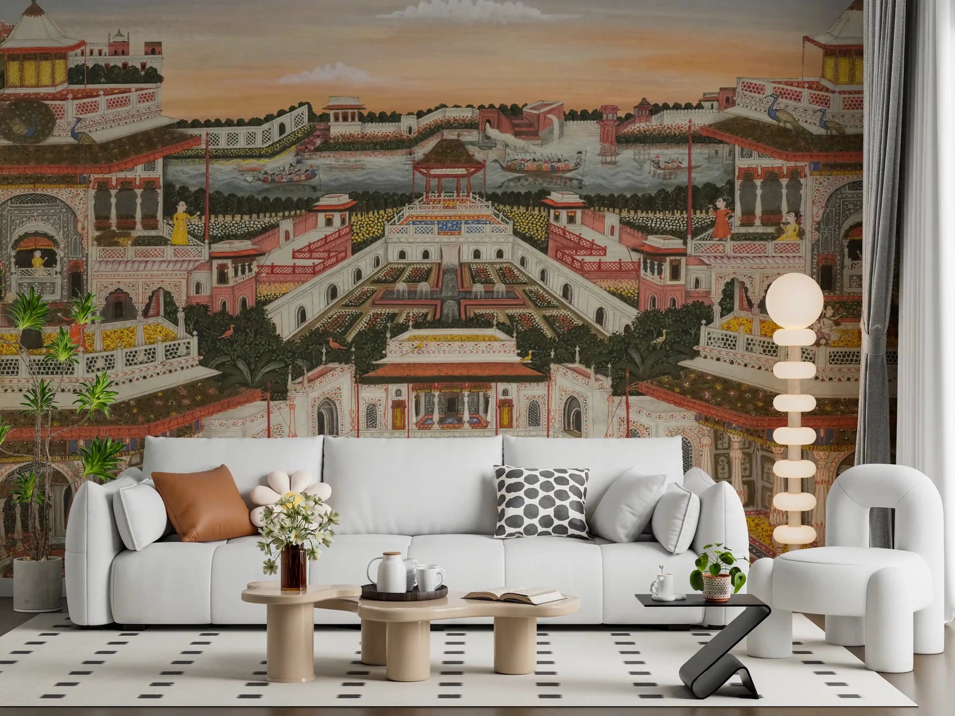 Grand Indian Palace mural with courtyards, balconies, and river