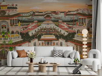 Grand Indian Palace mural with courtyards, balconies, and river