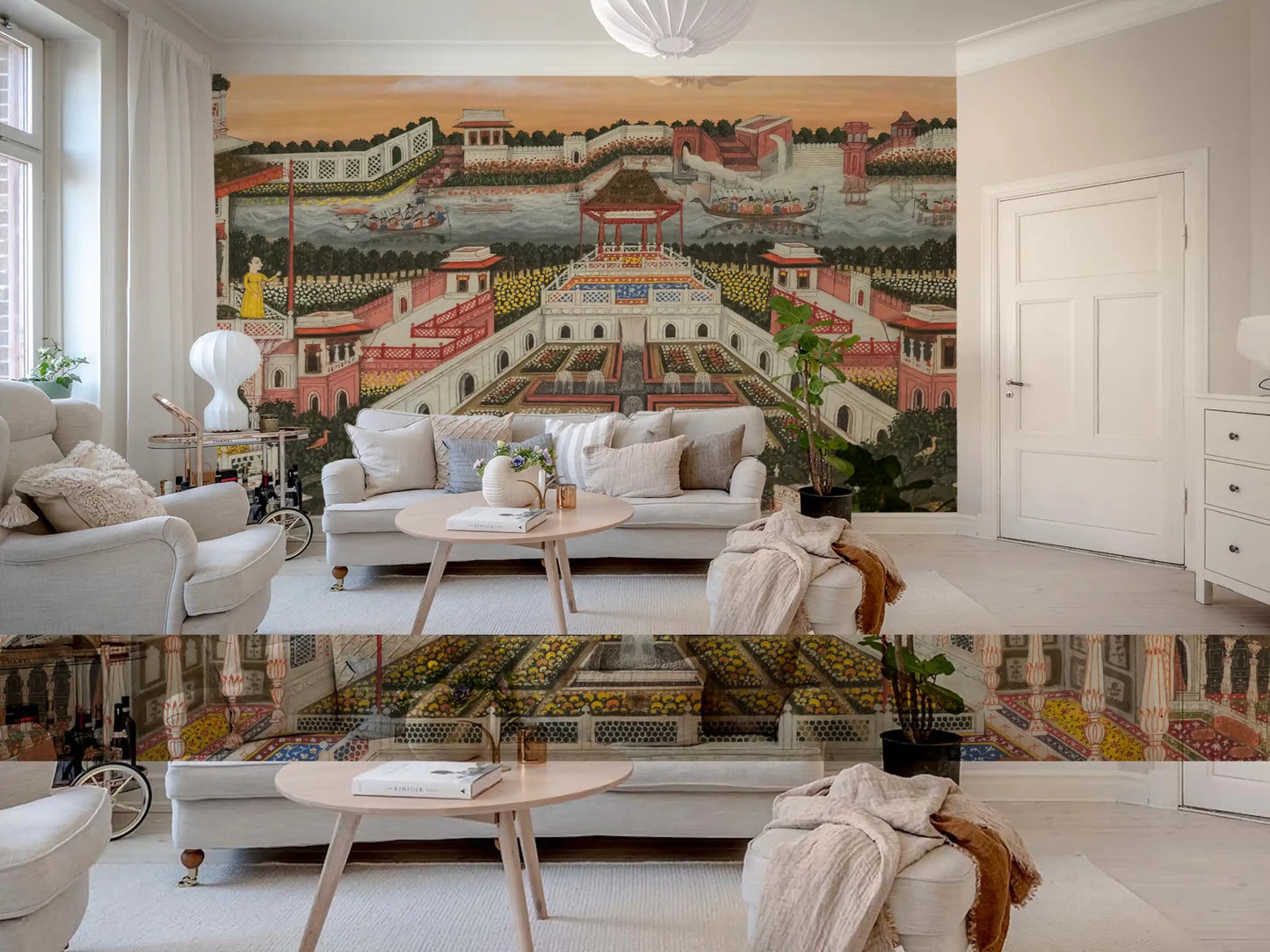 Palace architecture wall mural with fountains and garden pathways