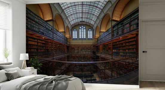 Ornate Library Interior Wall Mural – Detailed mural capturing classical library grandeur with high shelves and intricate design.