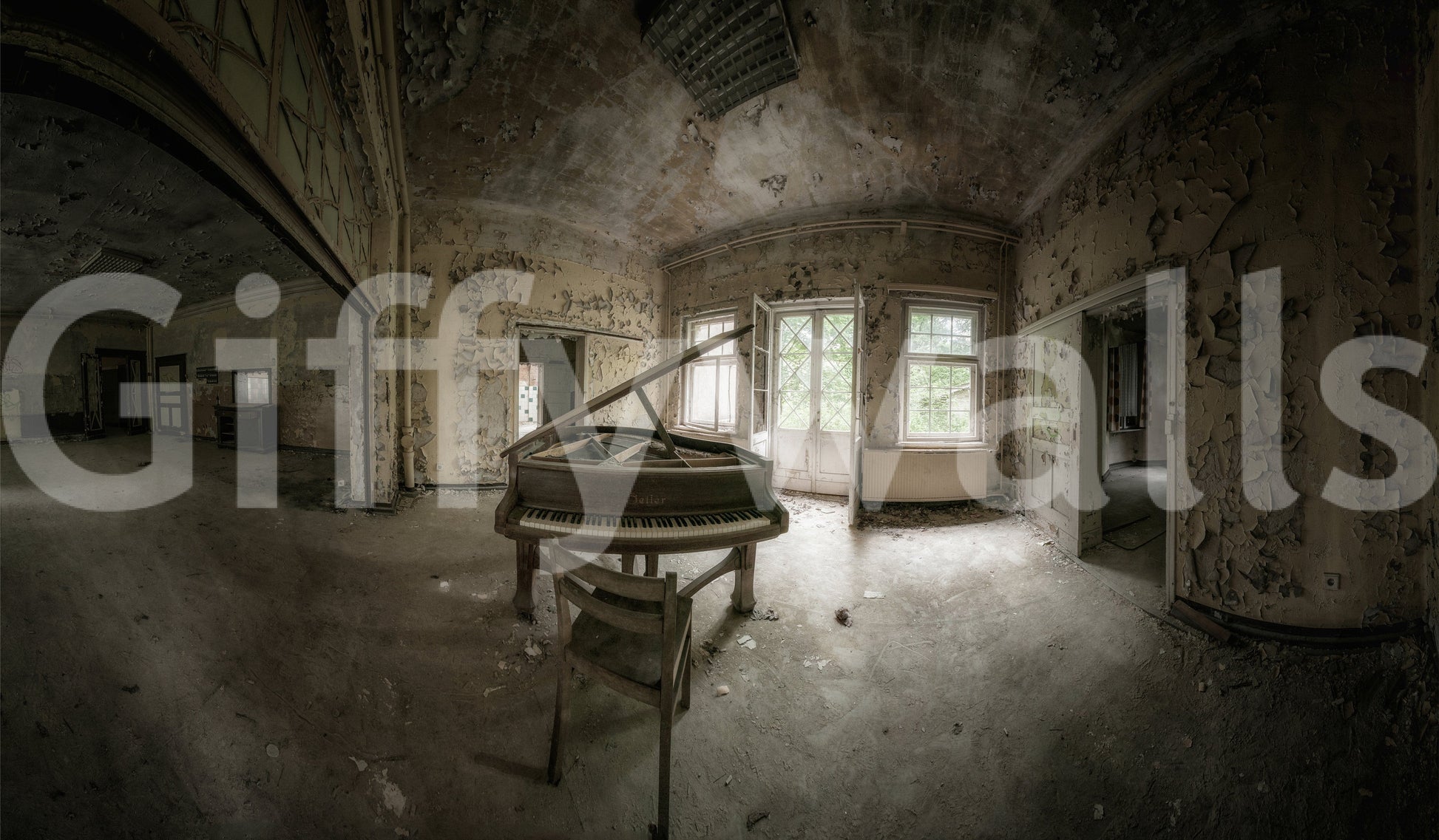 Silent Keys wallpaper mural of a grand piano and wooden chair in a faded abandoned room with peeling walls