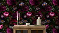 Vintage gothic dark floral wallpaper creating a moody room atmosphere.

