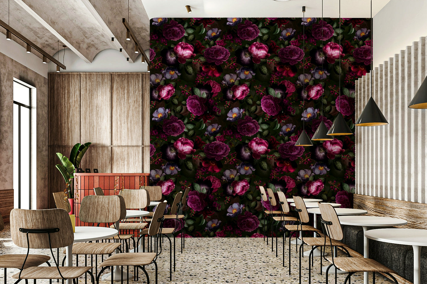 Grandmillennial wallpaper with dark florals for a luxurious home.


