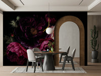 Timeless gothic-inspired dark peony mural for sophisticated rooms.

