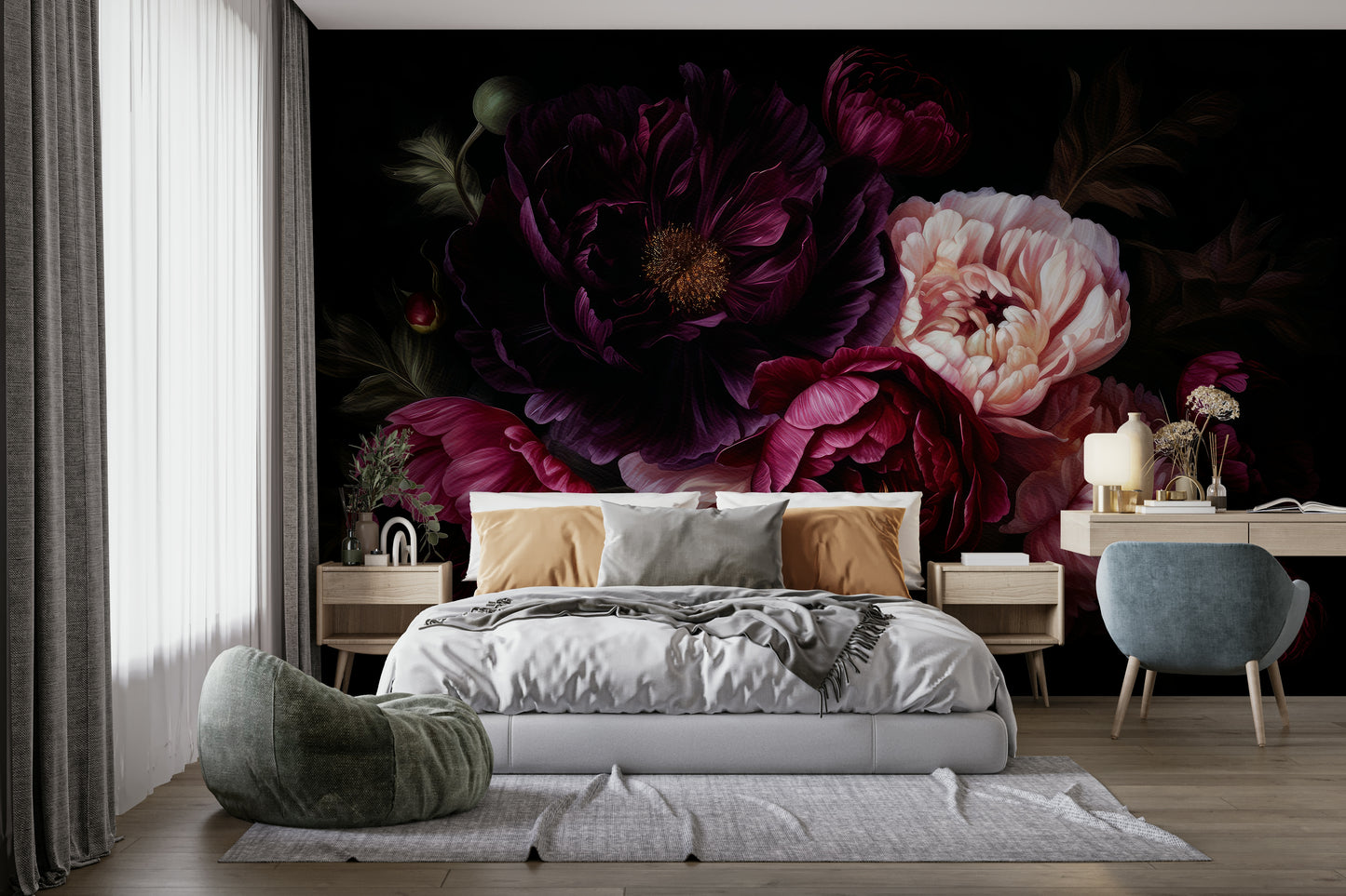 Intricate dark peony wall mural for dramatic home interiors.

