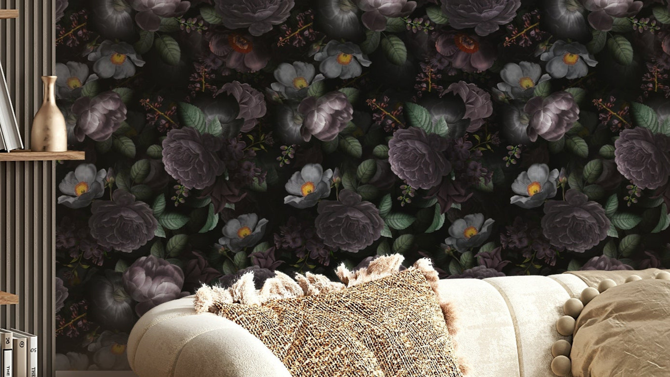 Elegant dark florals in wallpaper for a bold, moody room

