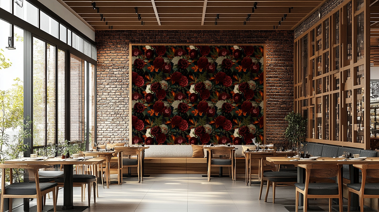 Heritage-style dark moody floral wallpaper design

