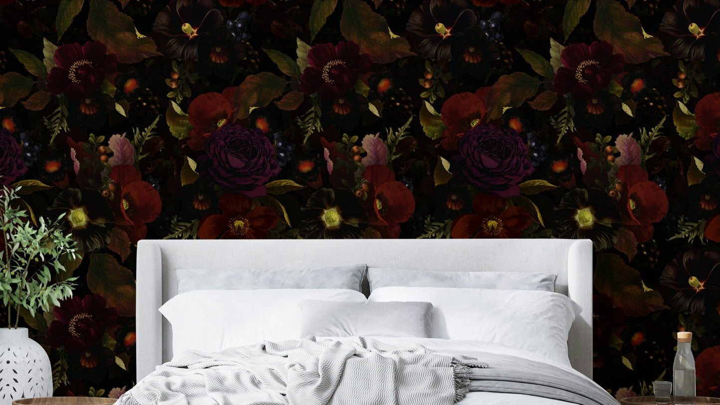 Dark floral wallpaper for vintage interior style

