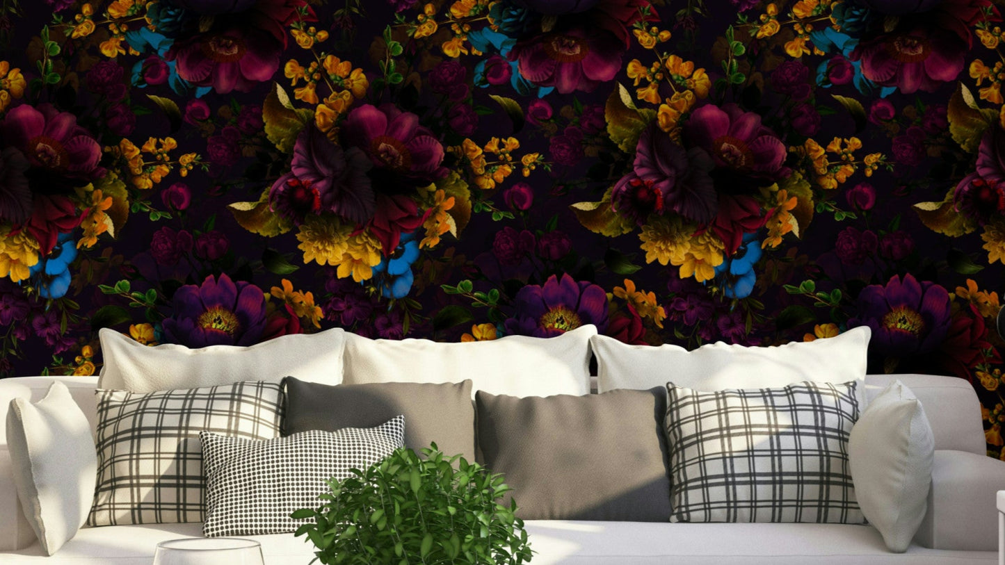 Grandmillennial Gothic dark floral wallpaper for moody rooms


