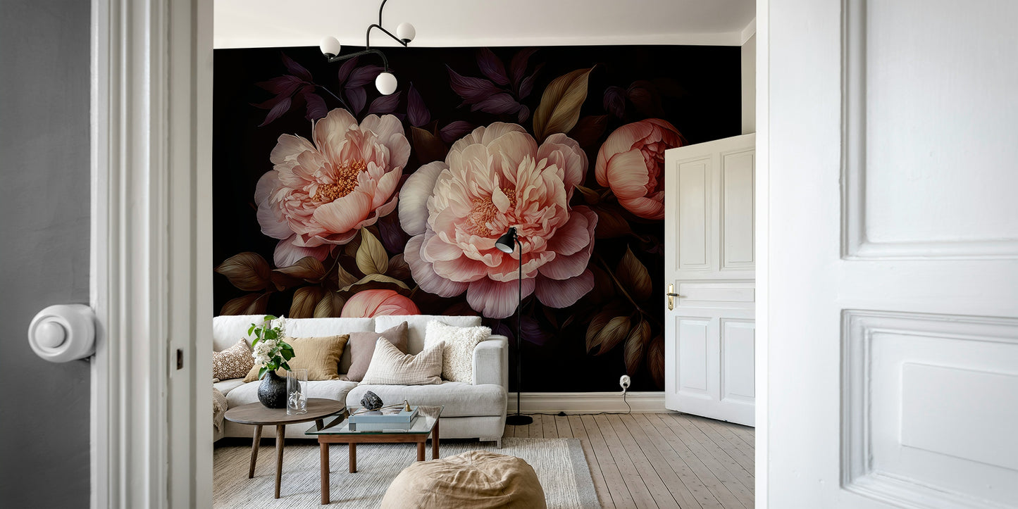 Vintage-inspired dark peony mural wallpaper for luxurious spaces.

