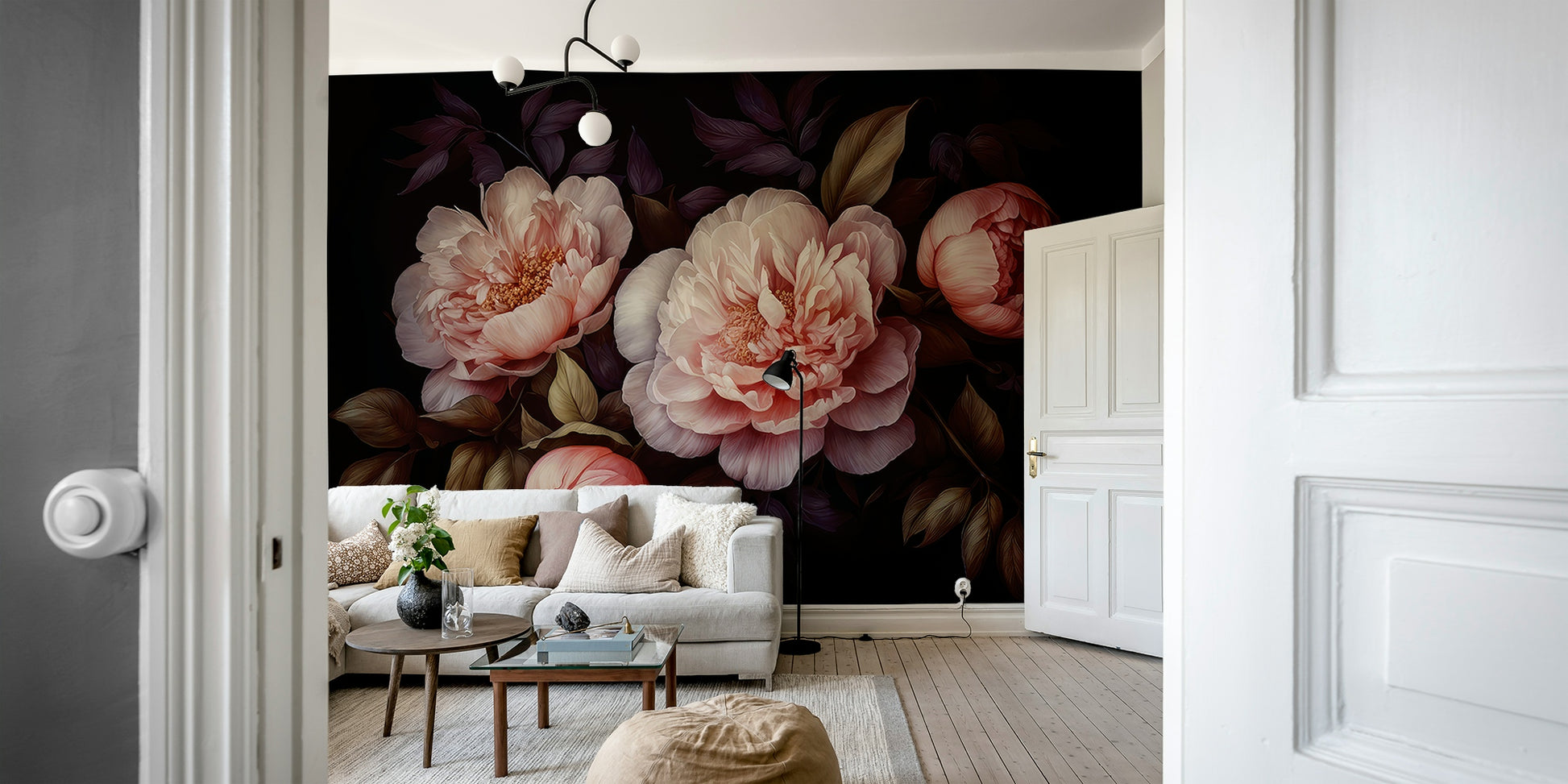 Vintage-inspired dark peony mural wallpaper for luxurious spaces.

