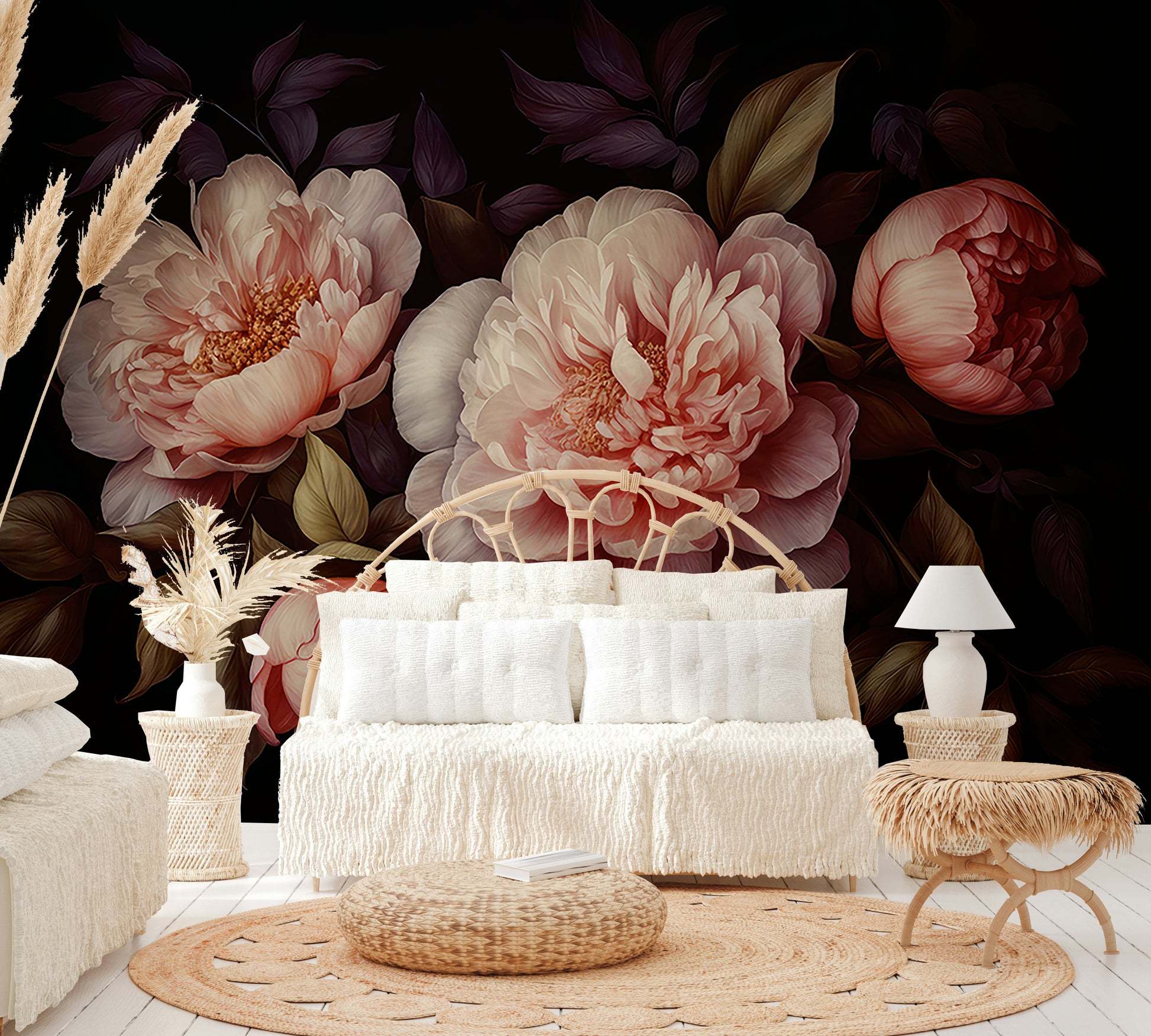 Dark and dramatic peony wall mural for sophisticated décor.

