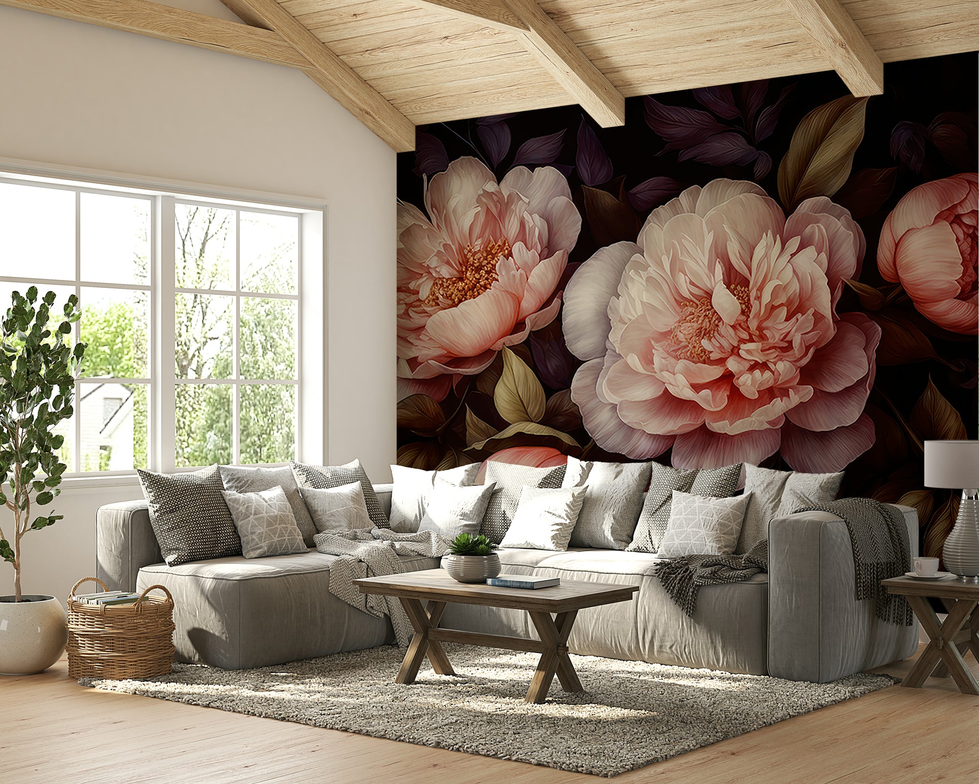 Rich, moody peony floral mural with vintage gothic flair.

