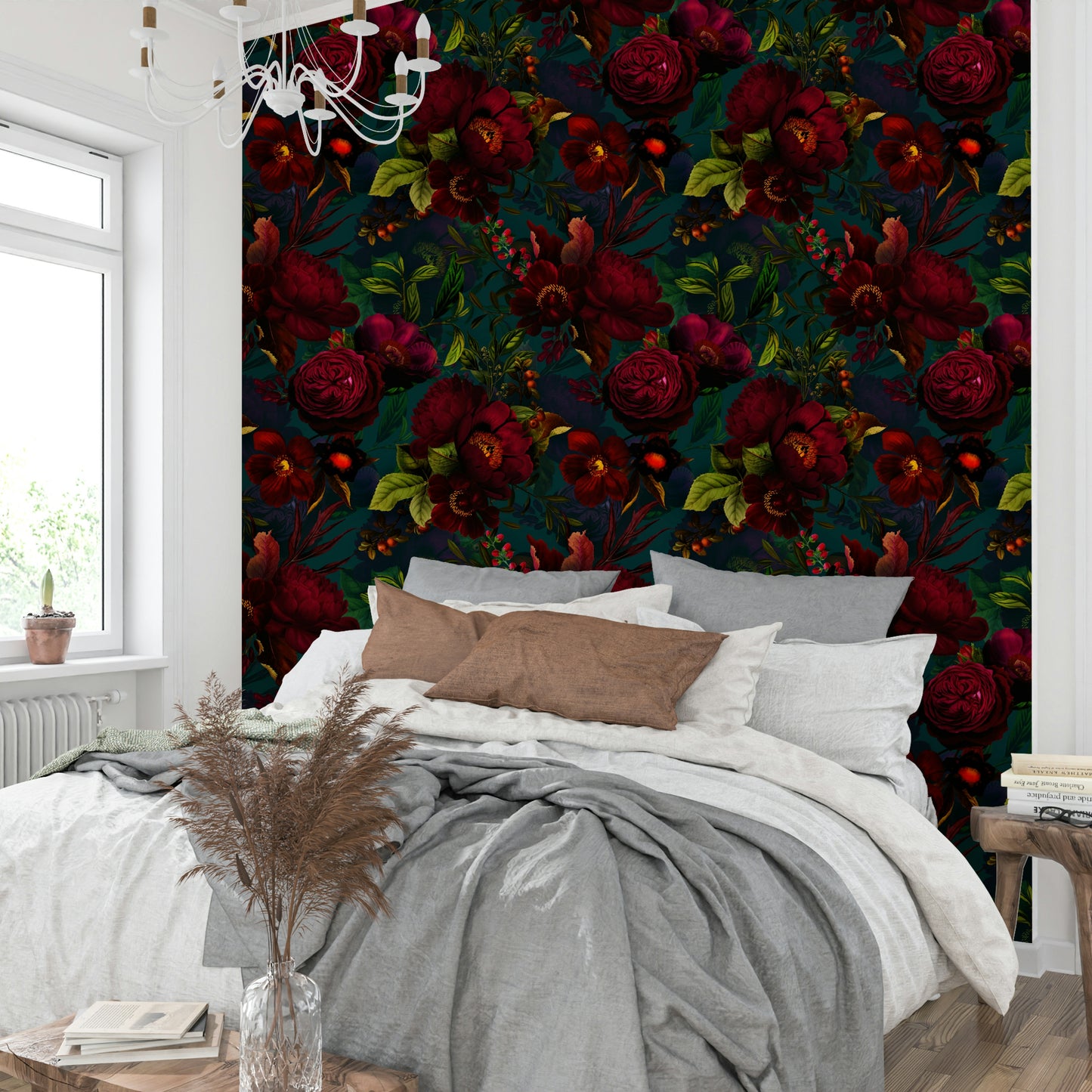 Moody florals in wallpaper mural for bold, Gothic-inspired decor

