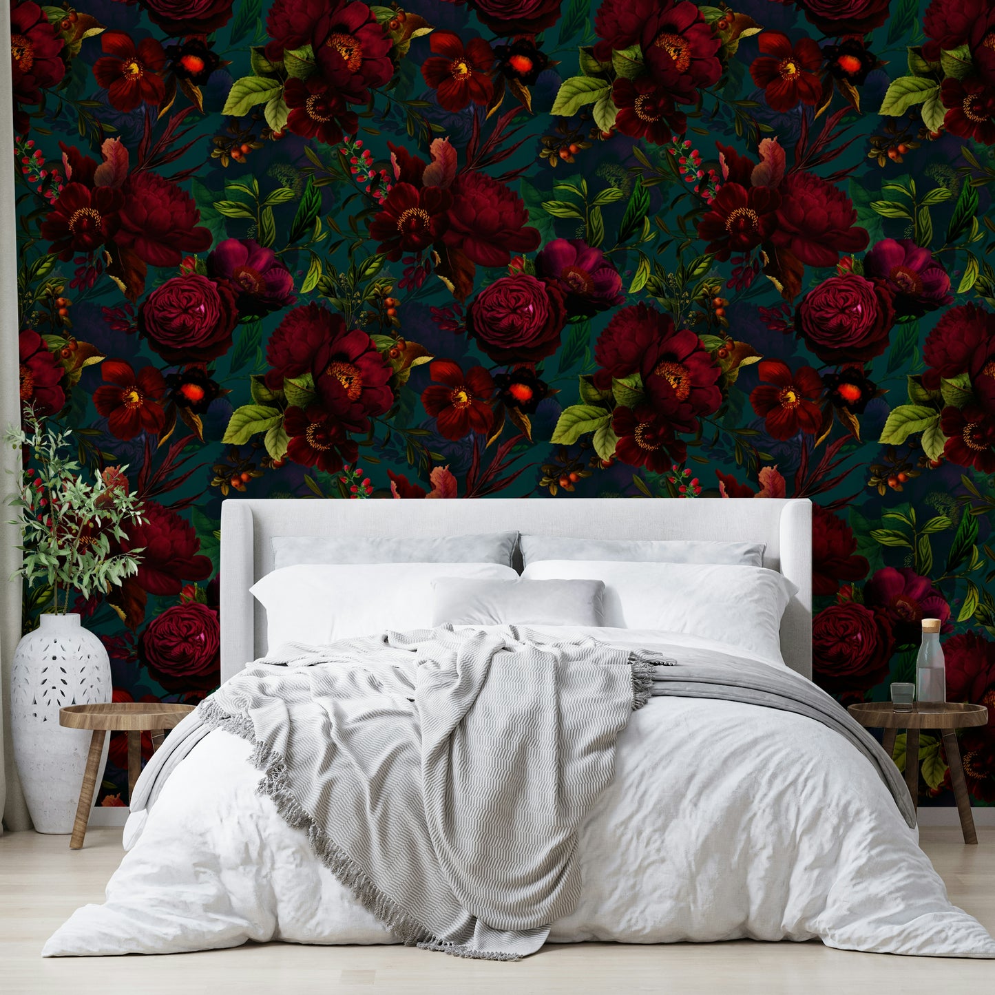 Grandmillennial floral wallpaper with a dark, moody atmosphere

