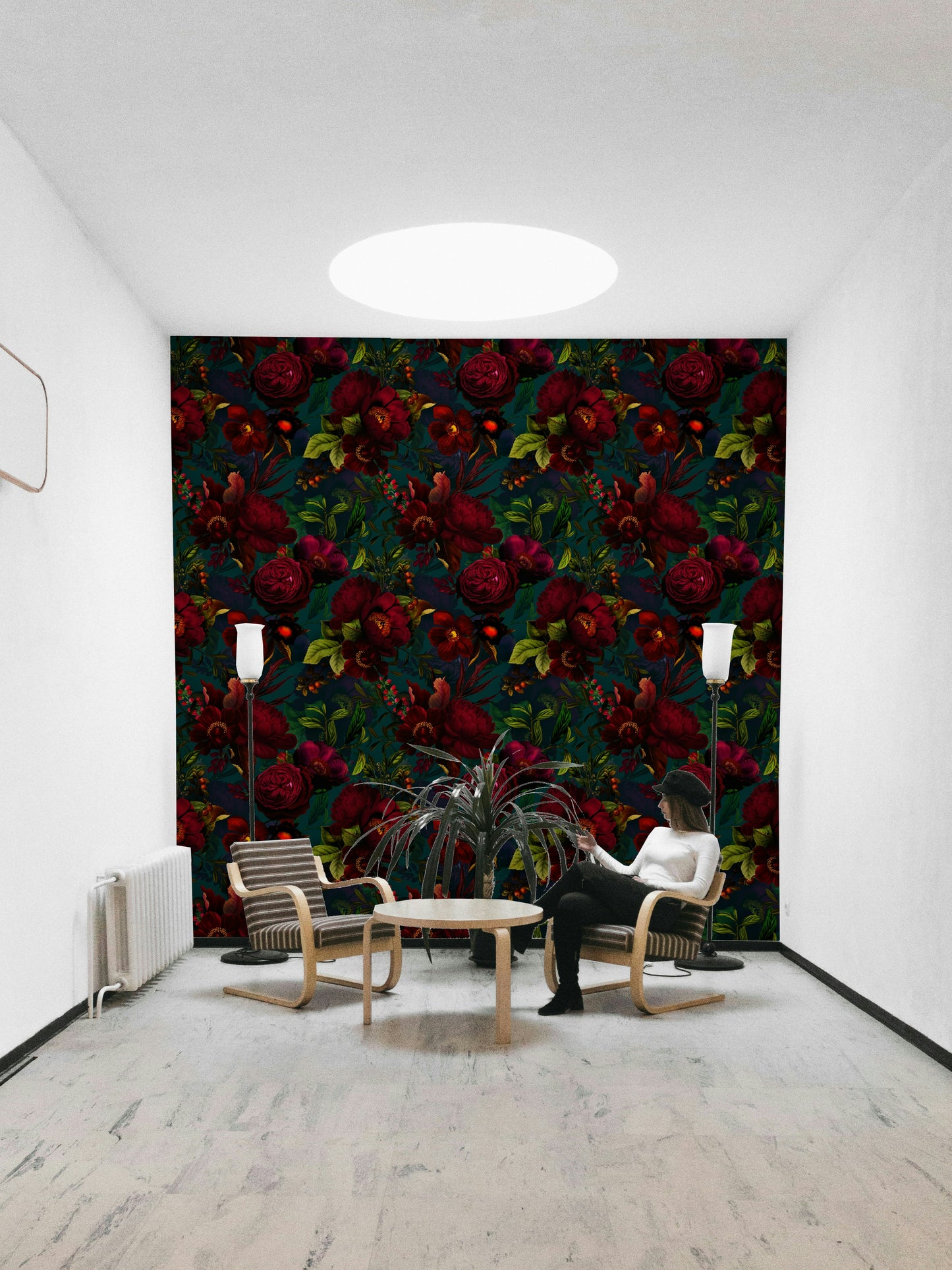 Bold floral wallpaper in dark tones for dramatic wall design

