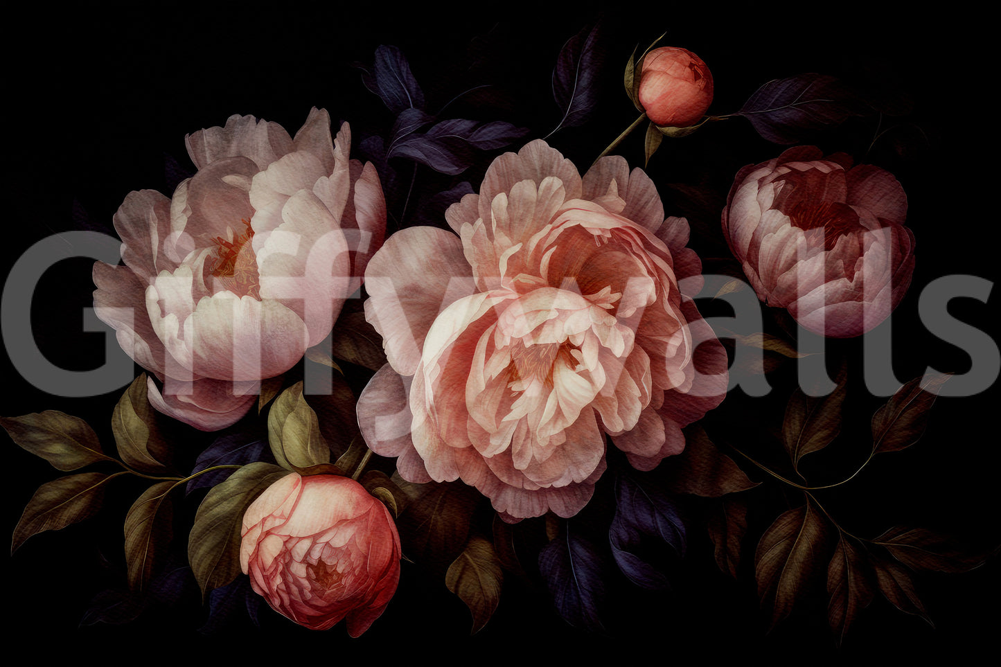 Gothic-inspired floral wall mural featuring peach peonies.

