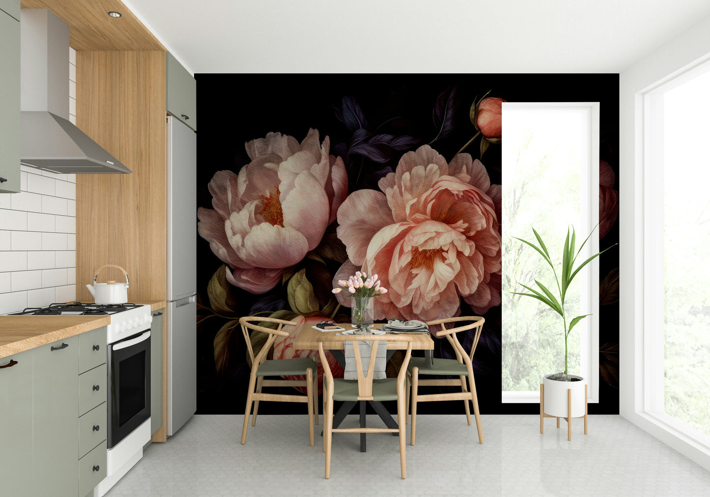 Dark, romantic floral wall mural with peach peonies for sophistication.

