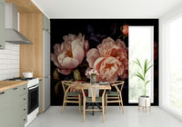 Dark, romantic floral wall mural with peach peonies for sophistication.

