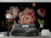 Elegant peach peony floral mural with gothic vintage charm.

