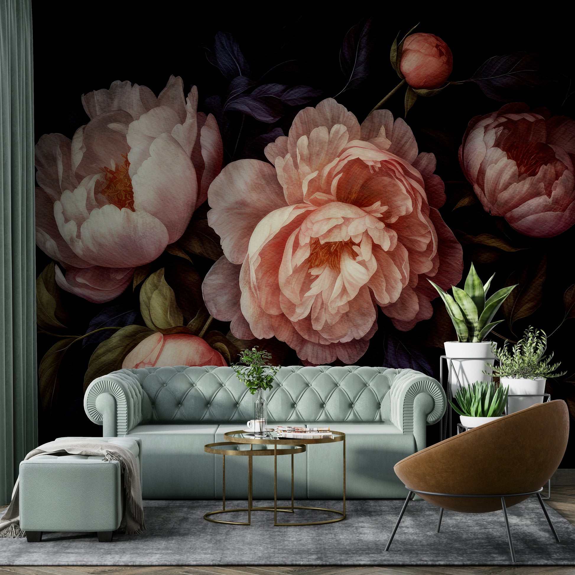 Vintage-inspired peach peonies mural wallpaper for a luxurious home.

