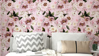 Grandmillennial wallpaper with blush peonies floral design

