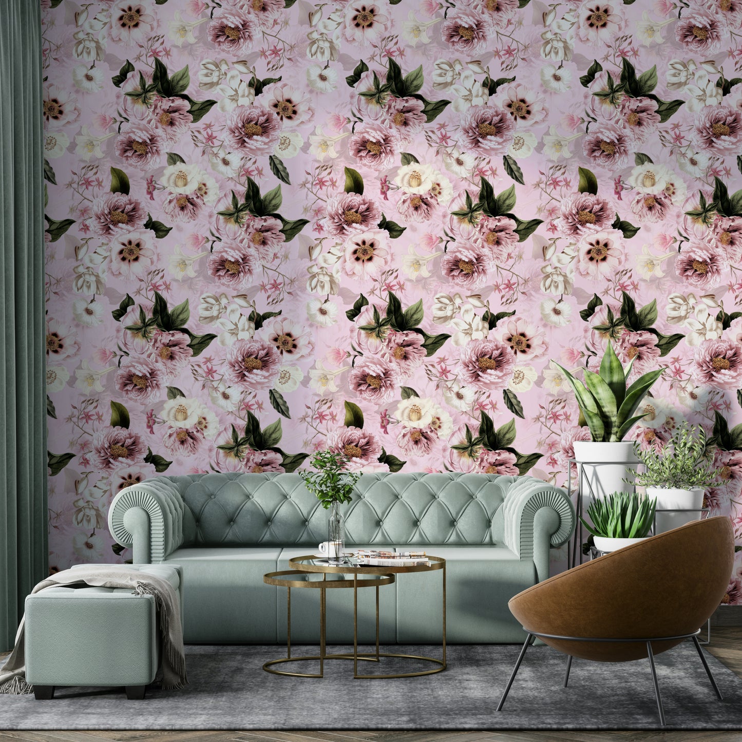 Dramatic blush peonies wallpaper for heritage interior

