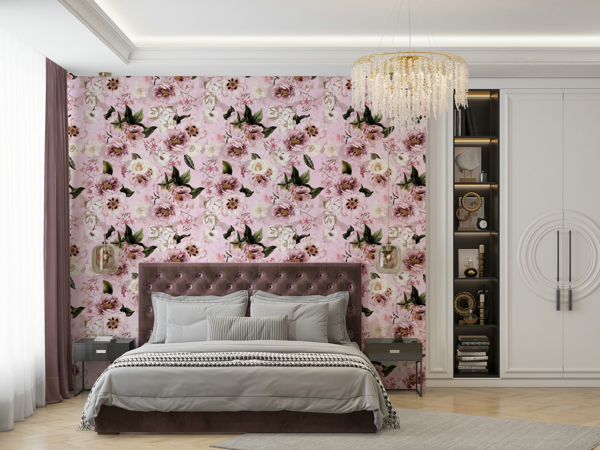 Pink blush peonies wallpaper with vintage dramatic look

