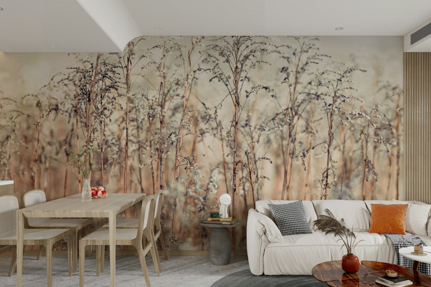 Soft focus reeds wall mural bringing nature indoors.

