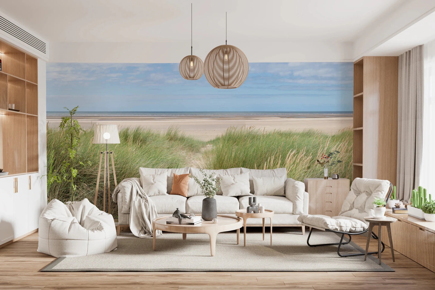 Grassland by the Sea wall mural showing calm beach scenery.