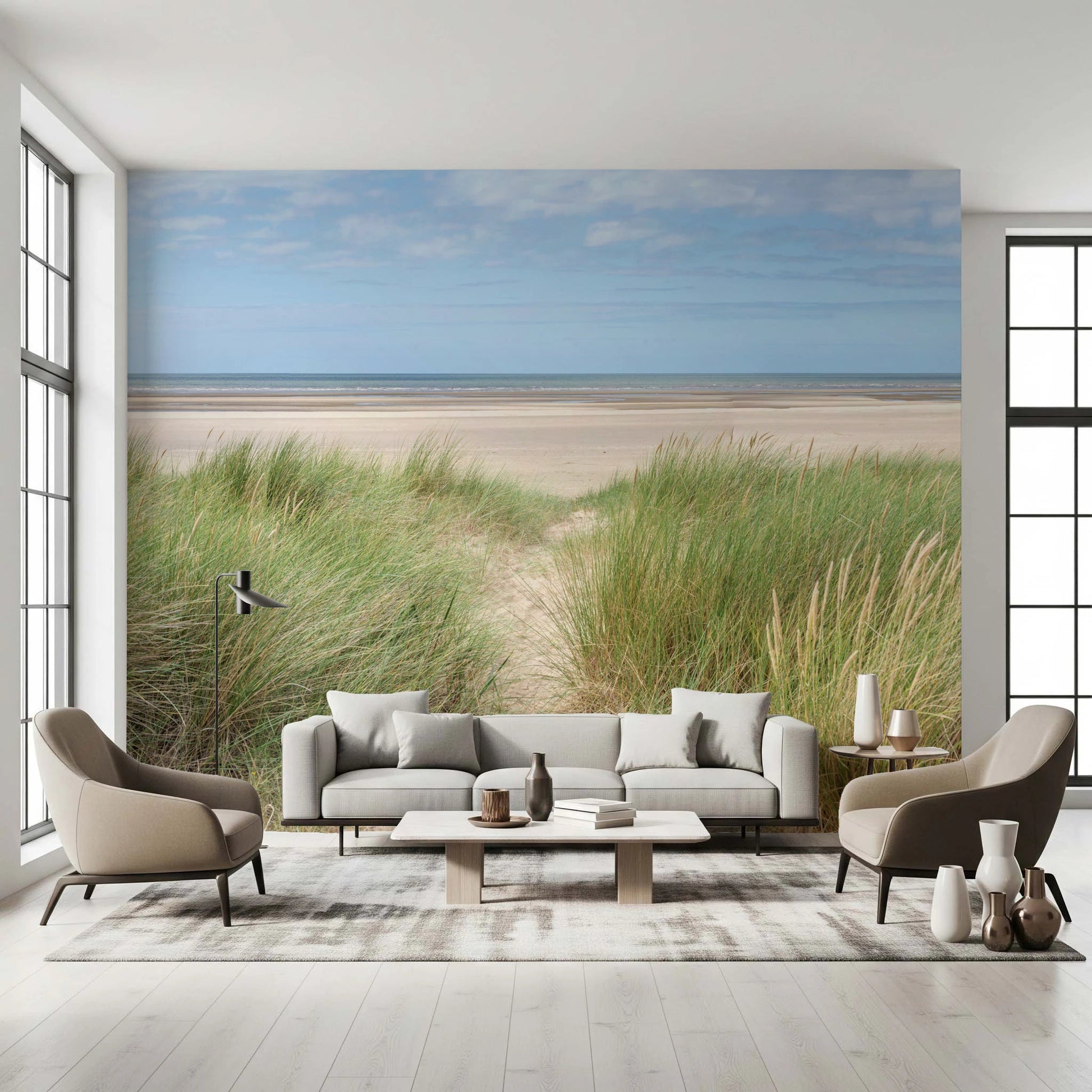 Grassland by the Sea wallpaper featuring tall dune grass and sand.