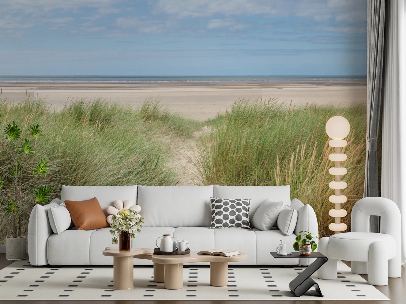 Grassland by the Sea wall mural installed on a large living room wall.