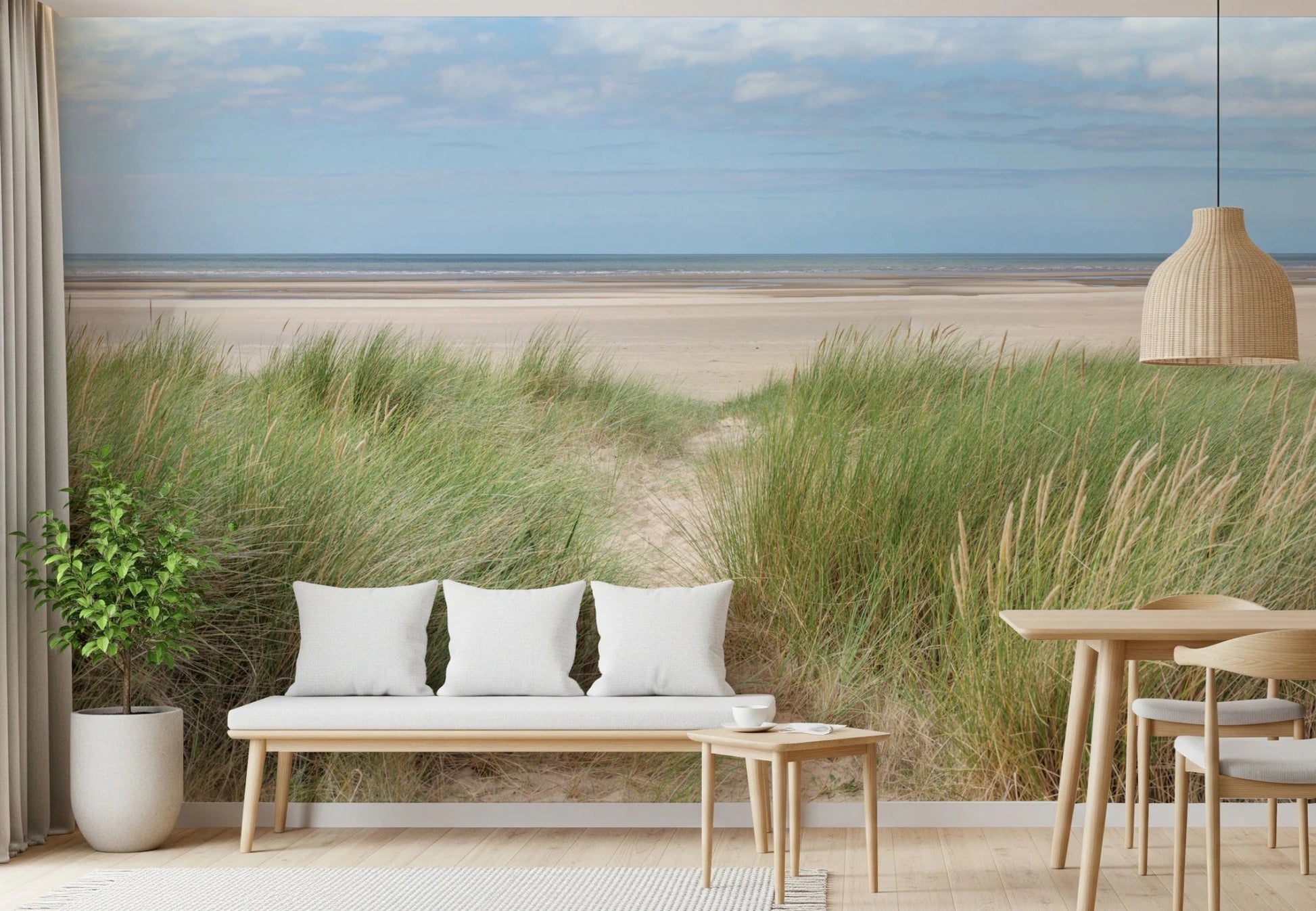Dining room interior with a Grassland by the Sea wall mural 