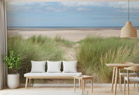 Dining room interior with a Grassland by the Sea wall mural 