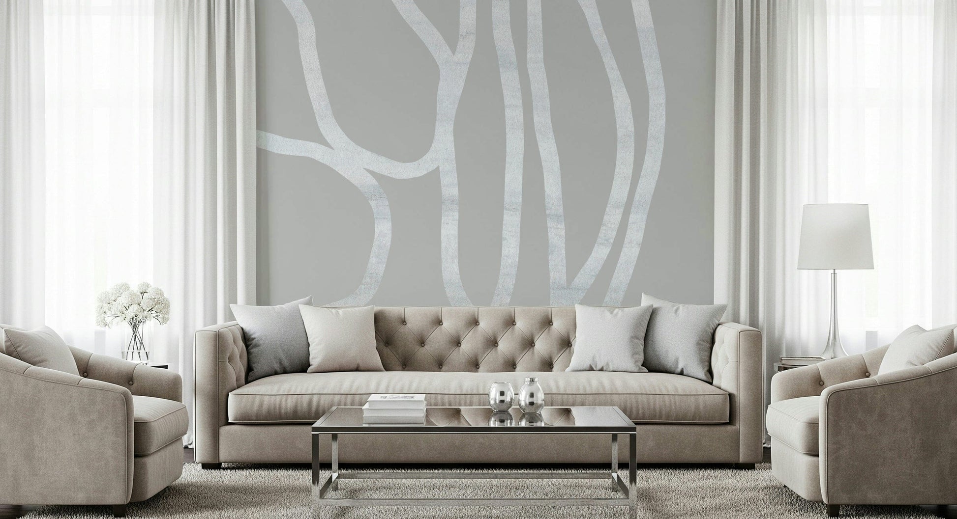 A beautiful modern art wall mural of delicate lines.