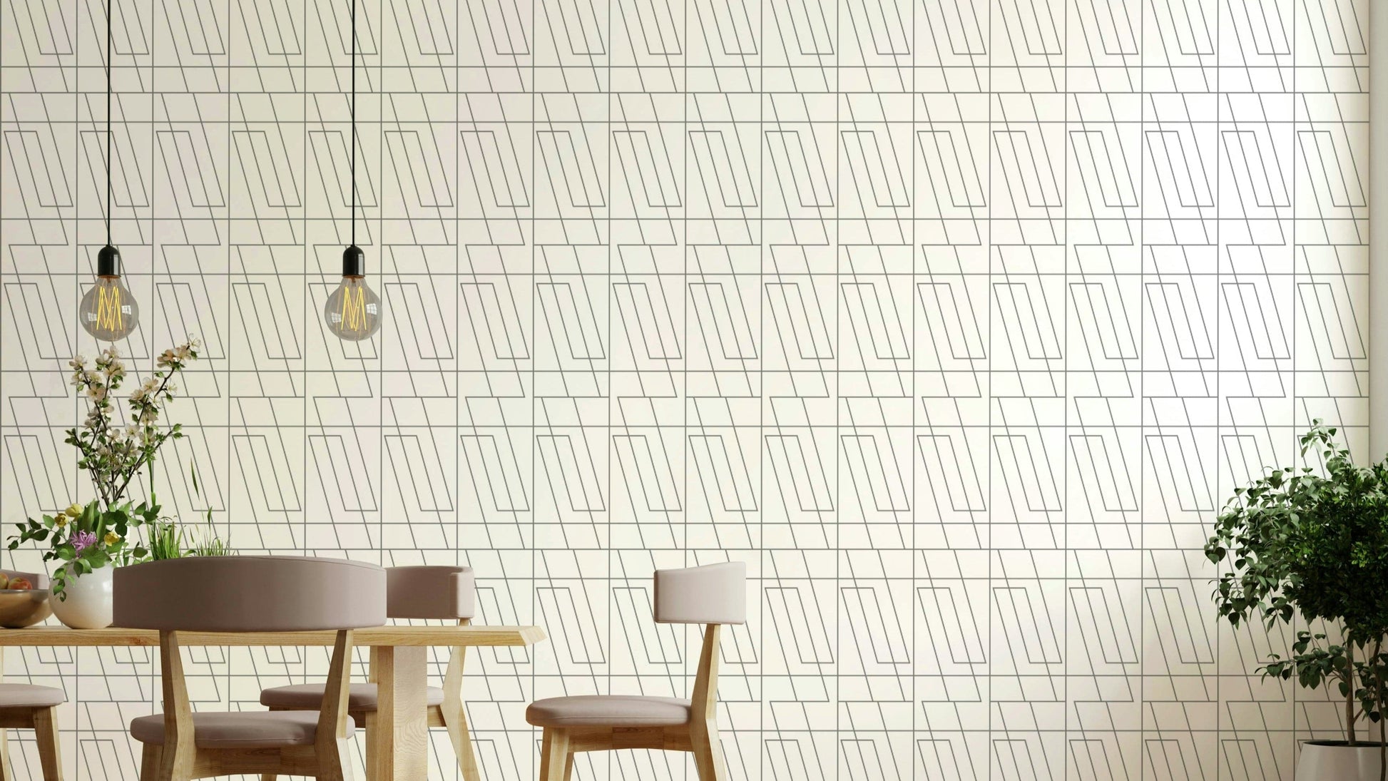 Sleek silver linear grid design on a blank wallpaper.
