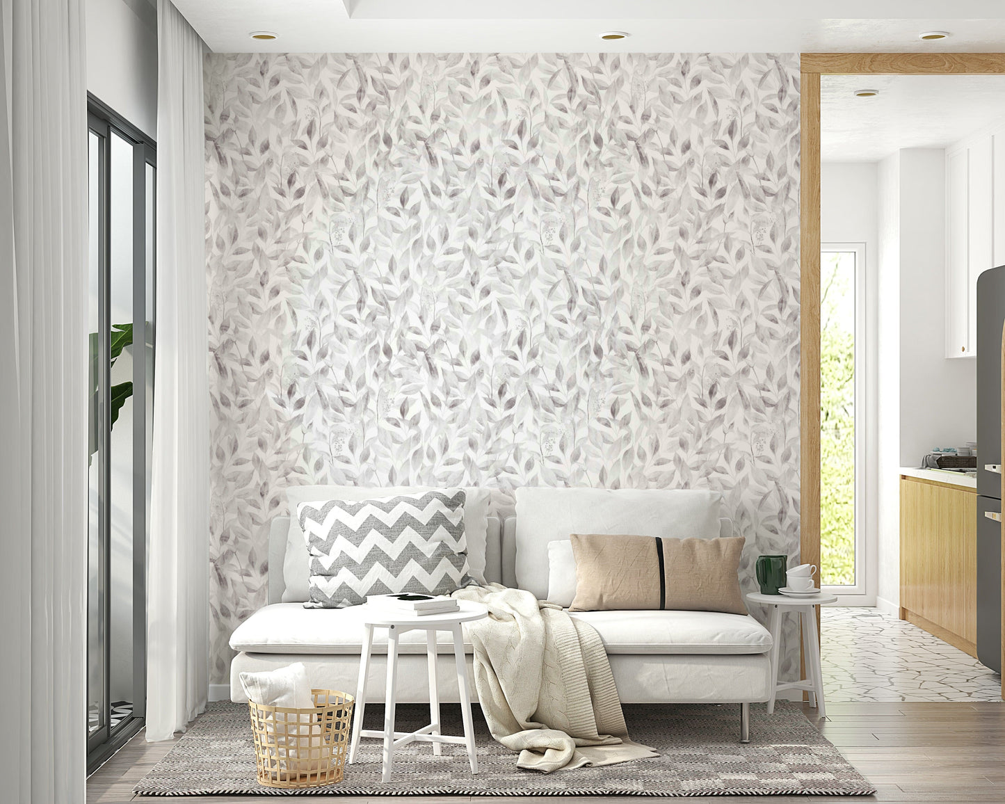 Monochrome misty forest foliage wallpaper for living room walls.
