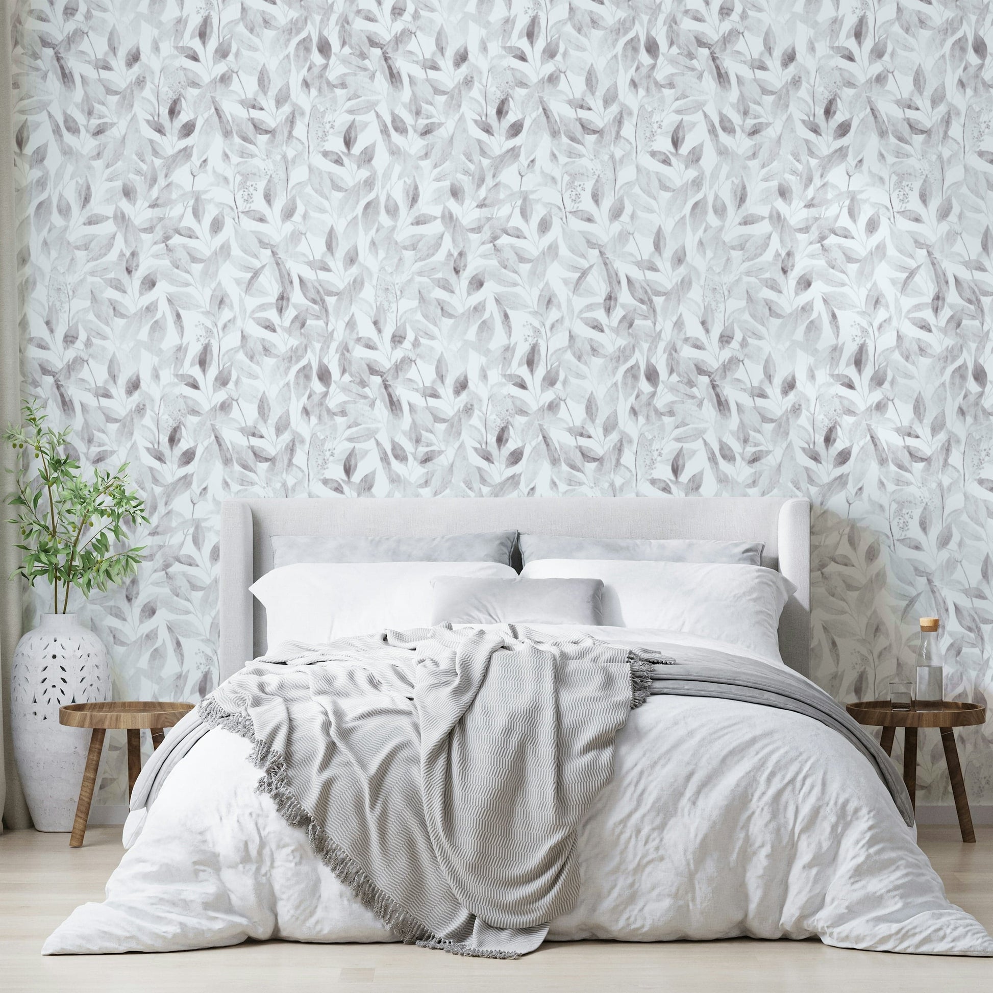Elegant soft gray botanical sprout pattern wallpaper decor.
