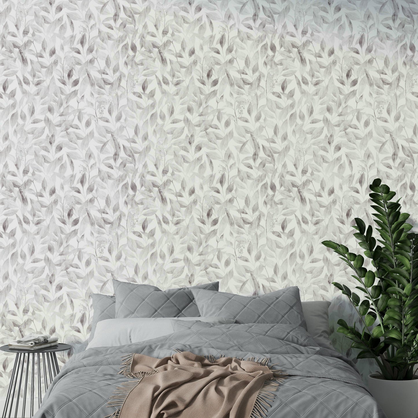 Light grey willow sprig motif wallpaper for house interiors.
