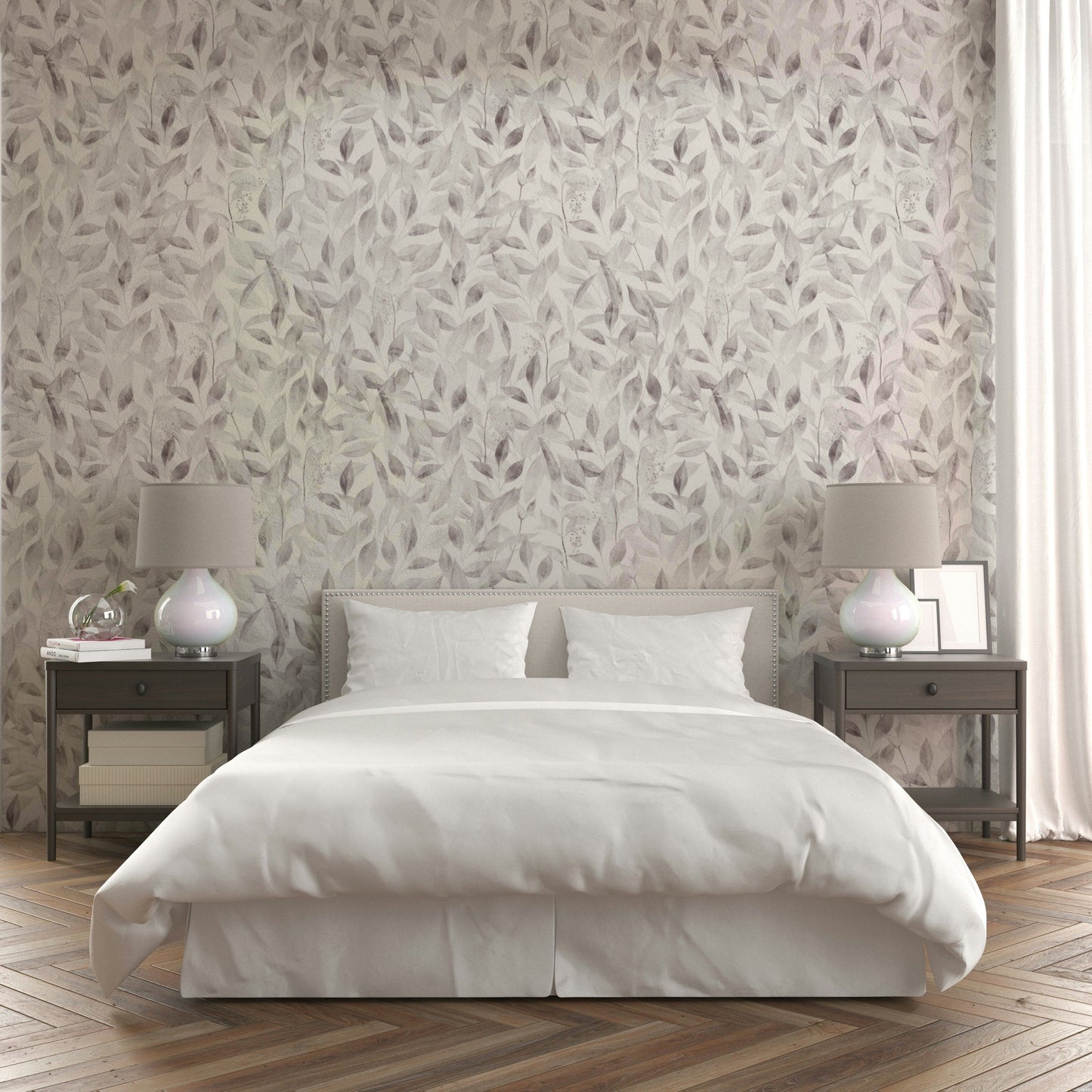 Subdued neutral nature inspired peel and stick wallpaper art.
