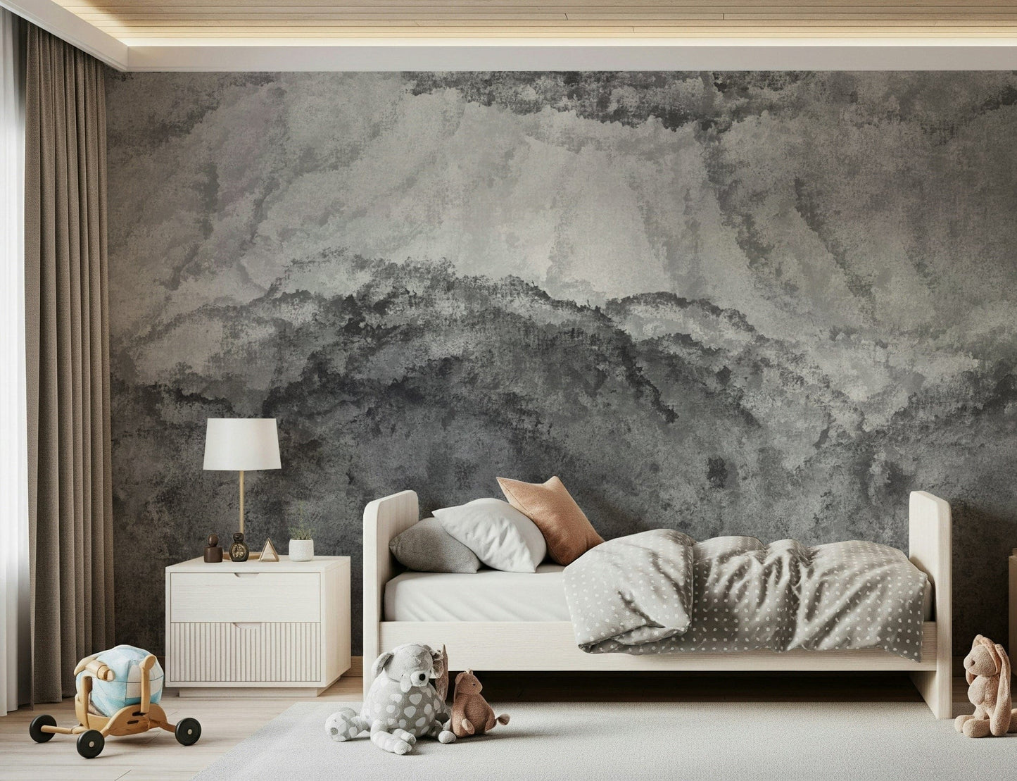 A peaceful whisper gray mural on decorative wallpaper.