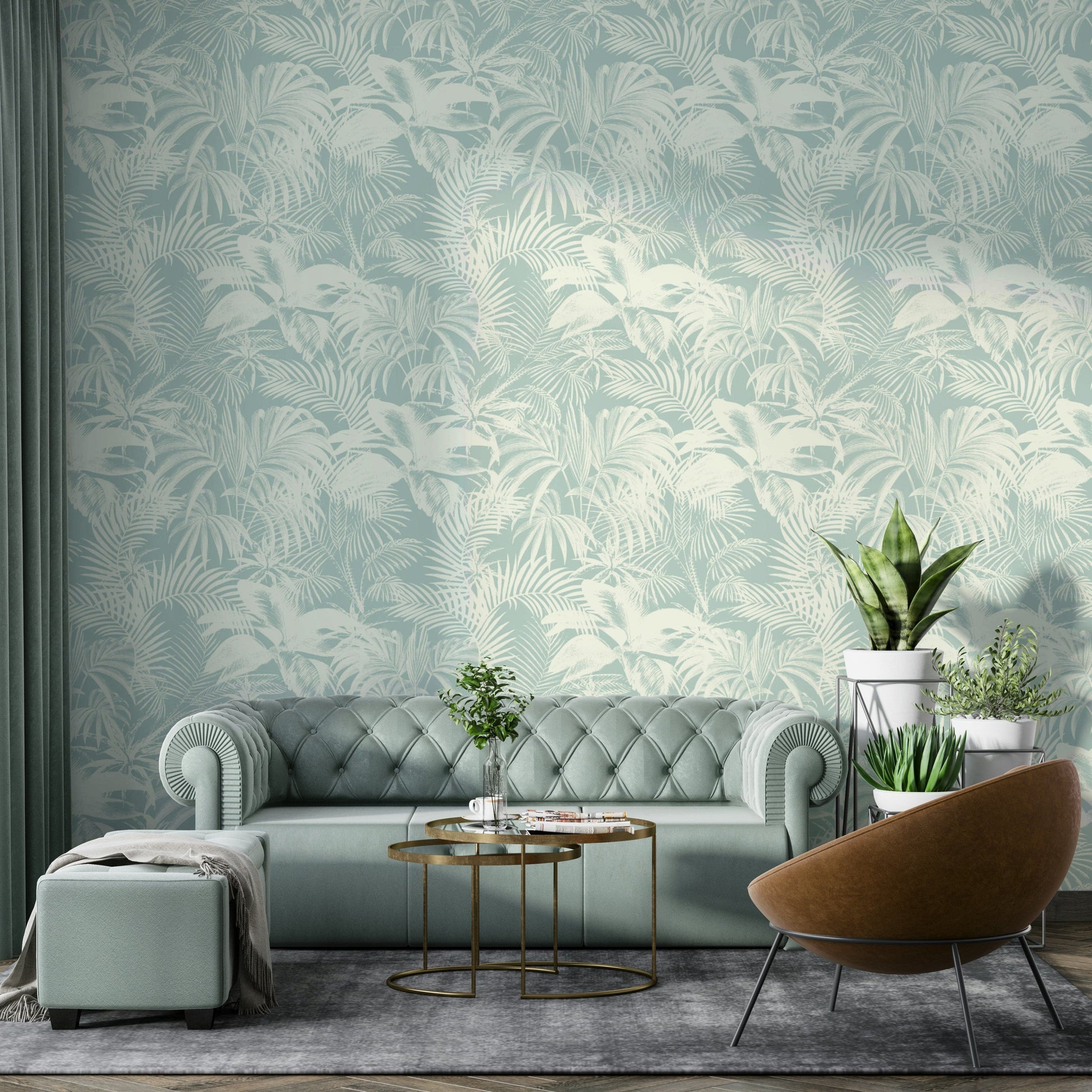 An angled shot of a wall with peaceful wallpaper

