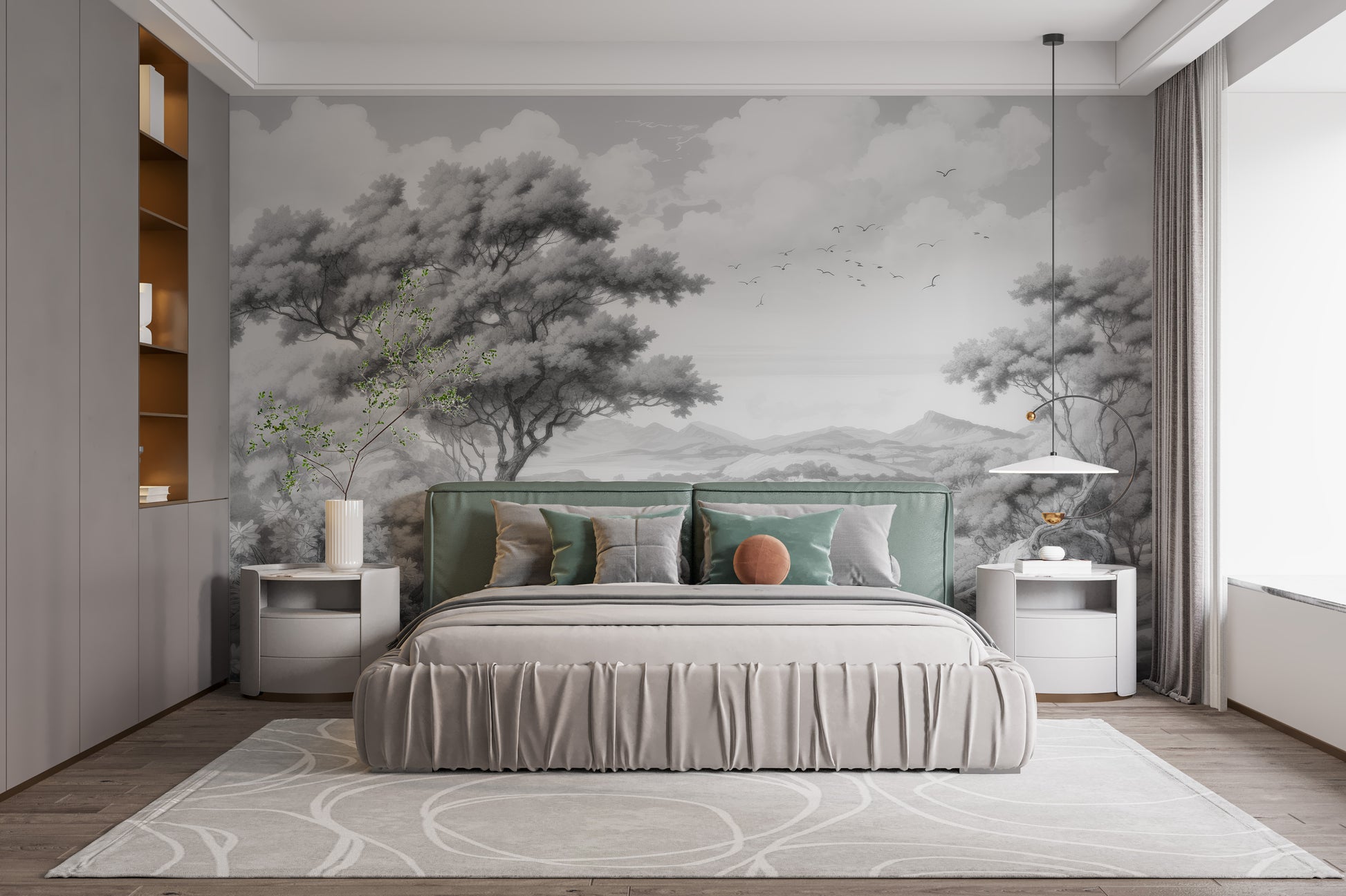 Gray Color Sketched Town wallpaper mural styled along a hallway feature wall near a console in gray tones