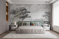 Gray Color Sketched Town wallpaper mural styled along a hallway feature wall near a console in gray tones