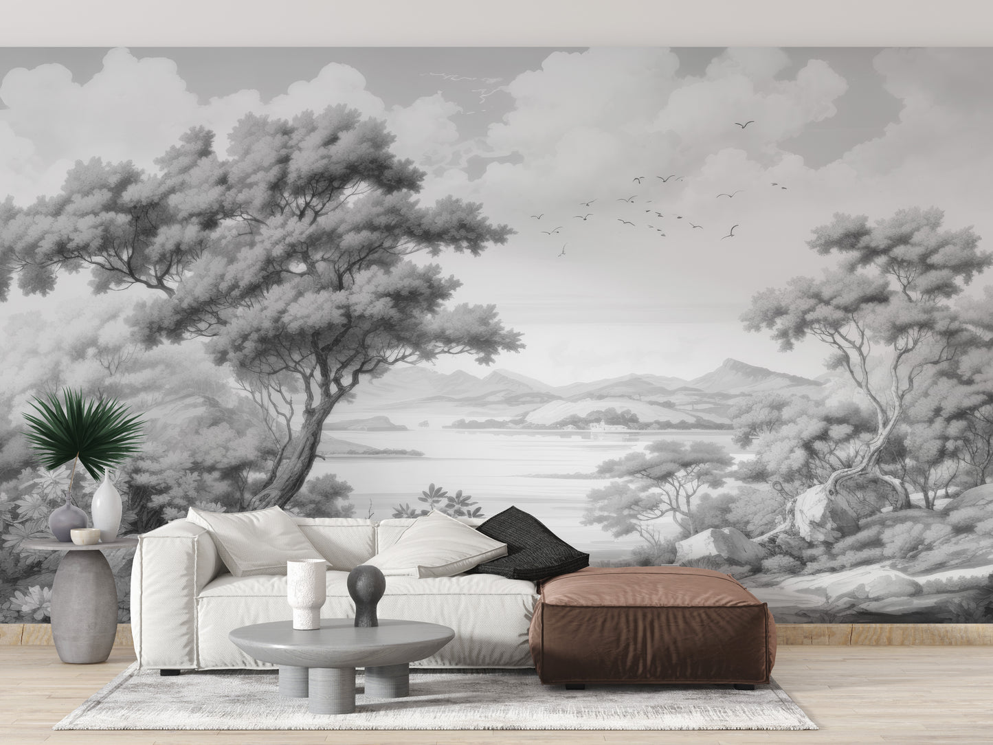 Gray Color Sketched Town wallpaper mural as a feature wall in a home office workspace in gray tones